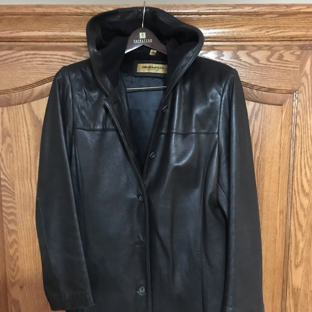 Hooded black leather jacket